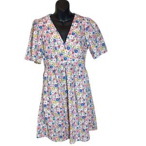 Boden women’s 4L puff sleeve v neck floral dress bright vibrant colorful spring